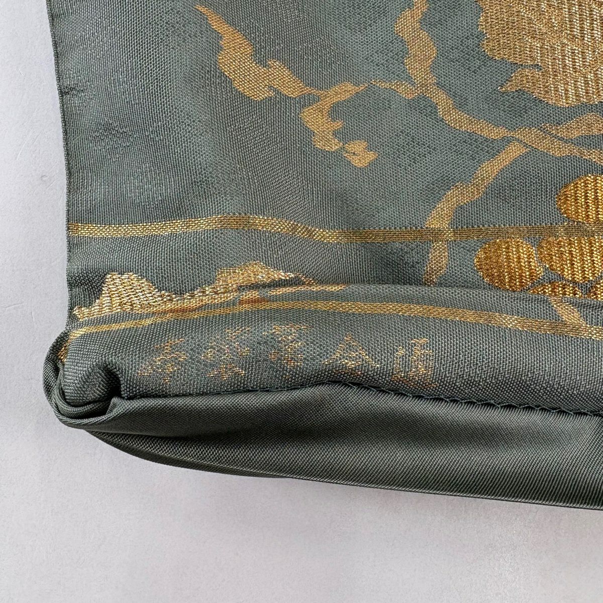 袋帶 名品級 葡萄唐草紋 金金箔 金絲 灰綠 全通 純蠶絲