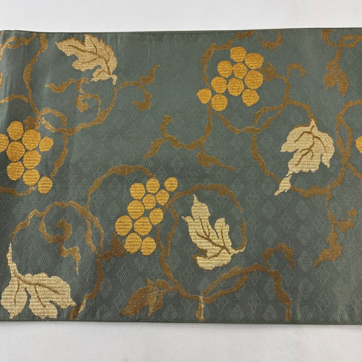 袋帶 名品級 葡萄唐草紋 金金箔 金絲 灰綠 全通 純蠶絲