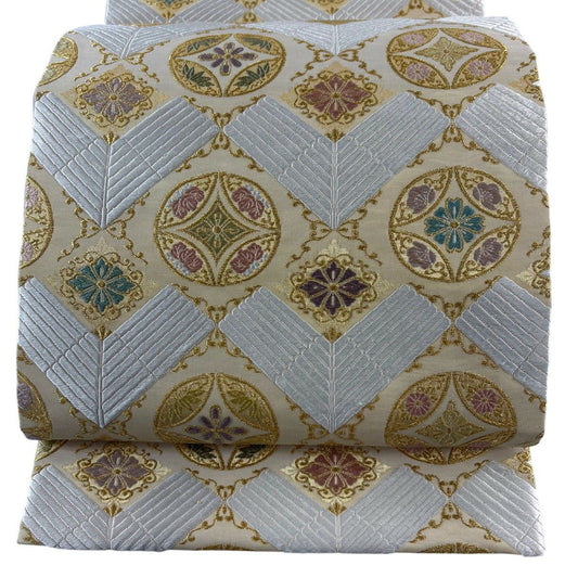 【美品】 袋帶 名品級 七寶紋 花刺繡 金絲 米色 六通 純蠶絲
