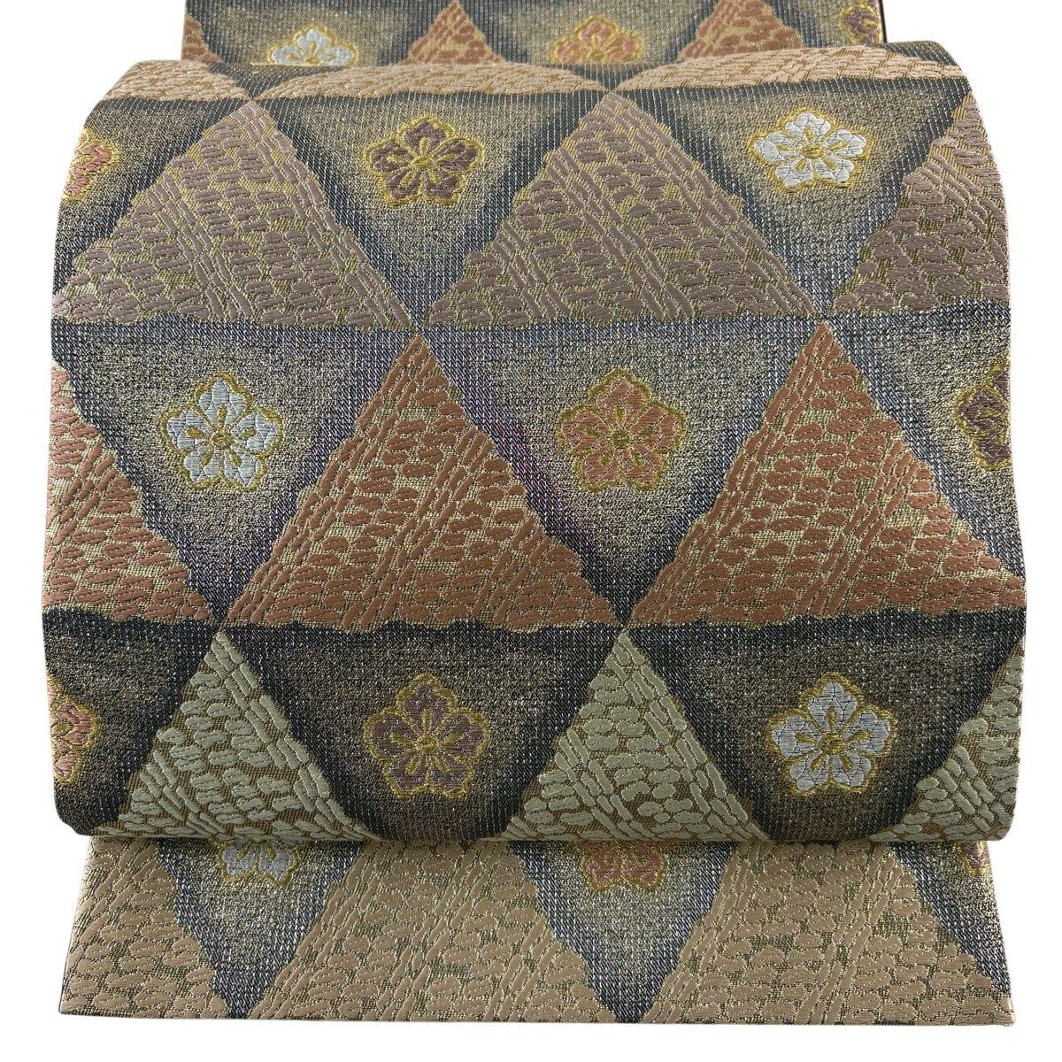【美品】 袋帶 名品級 花 鱗 刺繡 金絲 黑灰 六通 純蠶絲