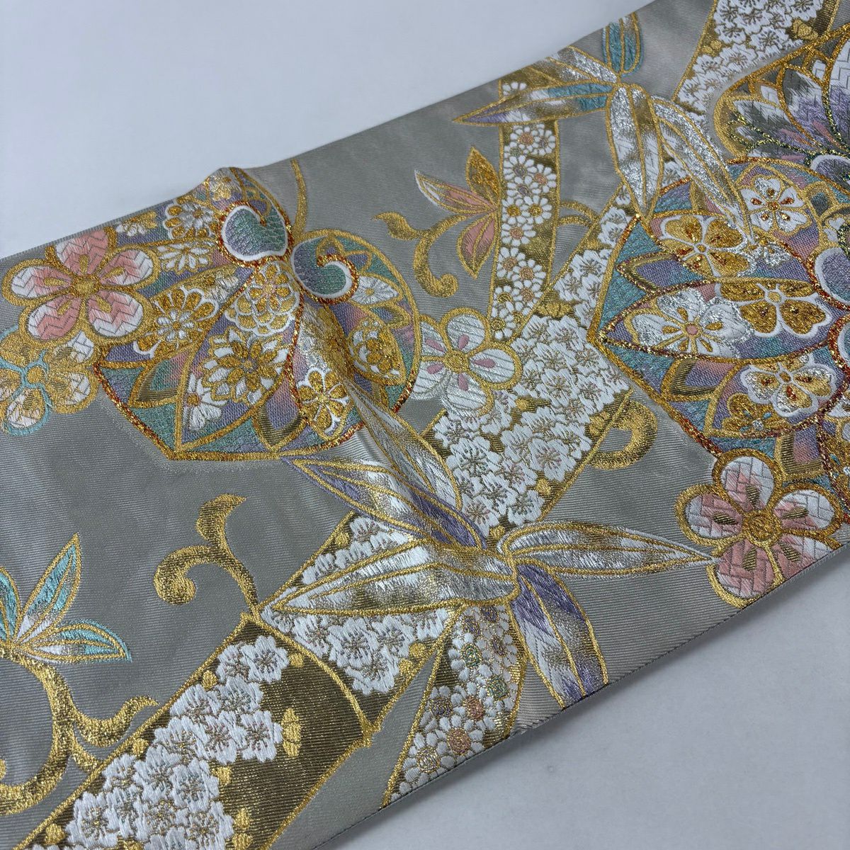 袋帶 秀品級 竹子 葵 金銀彩 金金箔 灰 深藍 六通 純蠶絲