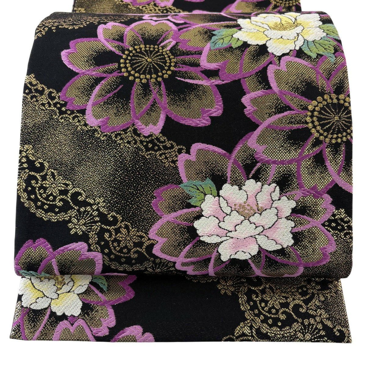 【美品】 袋帶 秀品級櫻花 牡丹 金絲 金金箔 黑 六通 純蠶絲