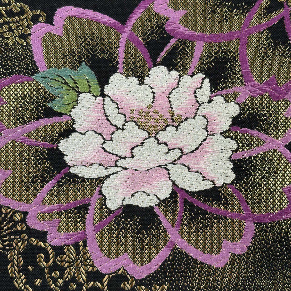 【美品】 袋帶 秀品級櫻花 牡丹 金絲 金金箔 黑 六通 純蠶絲