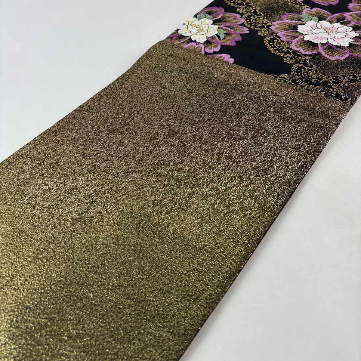 【美品】 袋帶 秀品級櫻花 牡丹 金絲 金金箔 黑 六通 純蠶絲