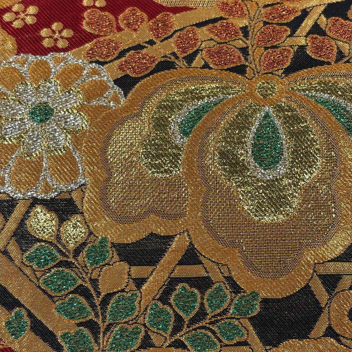 【美品】 袋帶 秀品級 振袖禮服禮服用 桐花 金絲 金金箔 紅 六通 純蠶絲