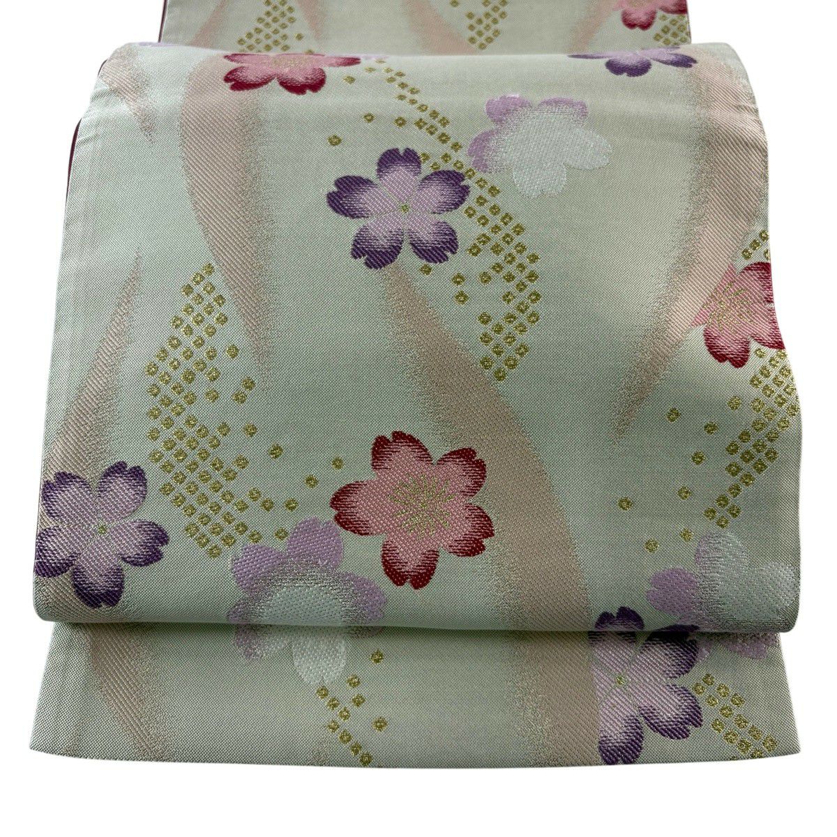 【美品】 袋帶 秀品級 櫻花 幾何學 金絲 米色 六通 純蠶絲