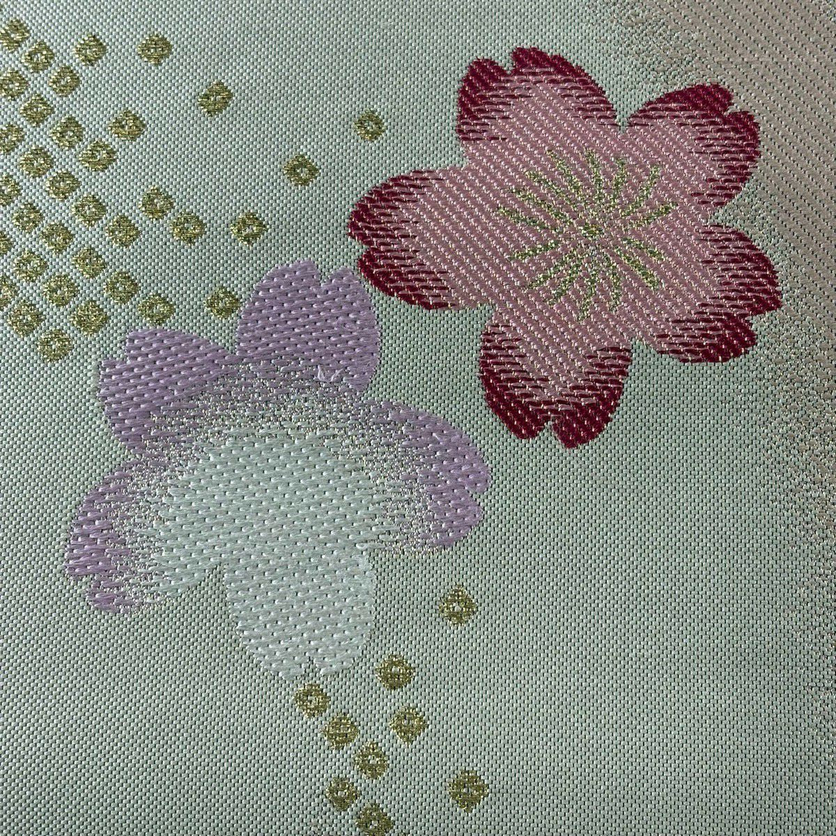 【美品】 袋帶 秀品級 櫻花 幾何學 金絲 米色 六通 純蠶絲