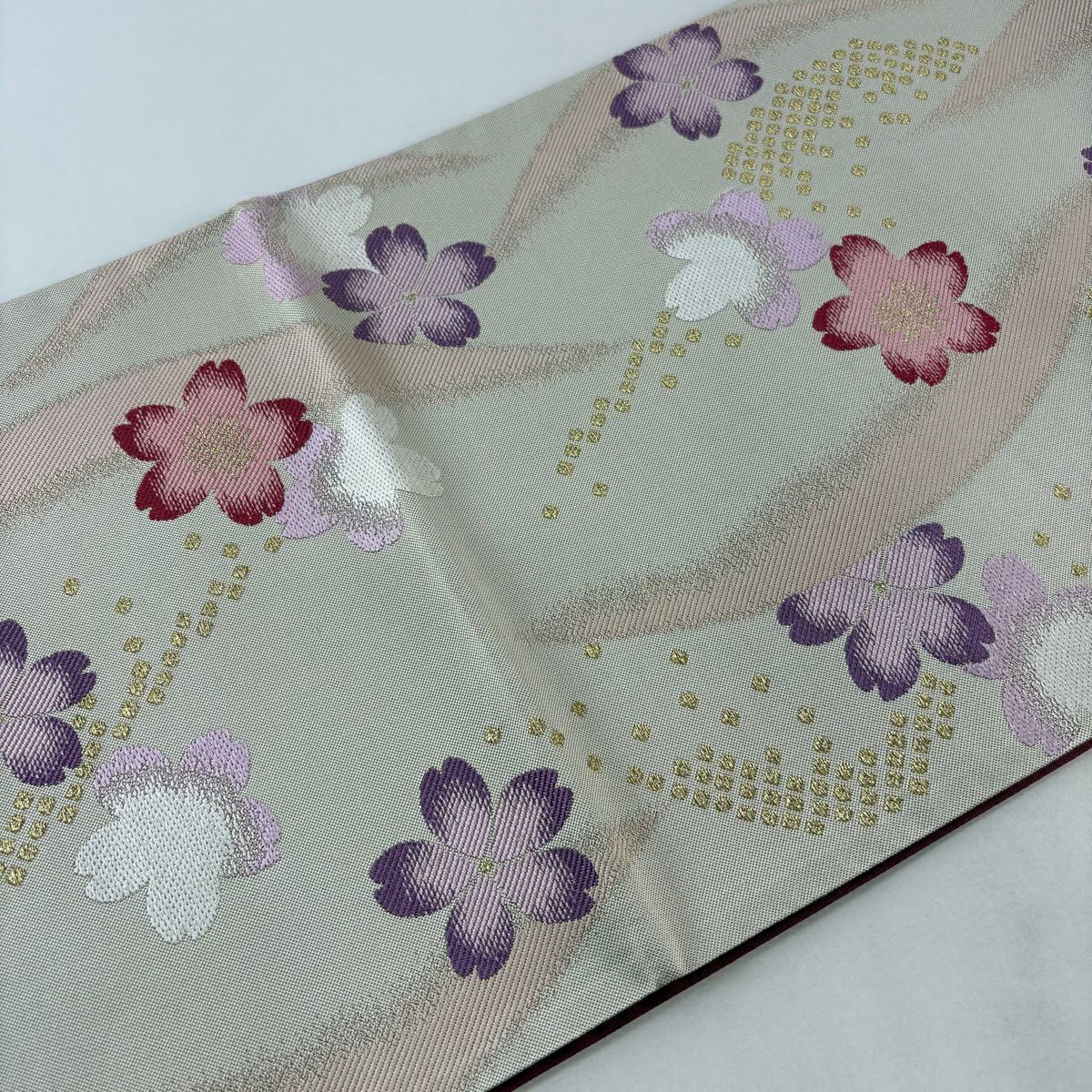 【美品】 袋帶 秀品級 櫻花 幾何學 金絲 米色 六通 純蠶絲