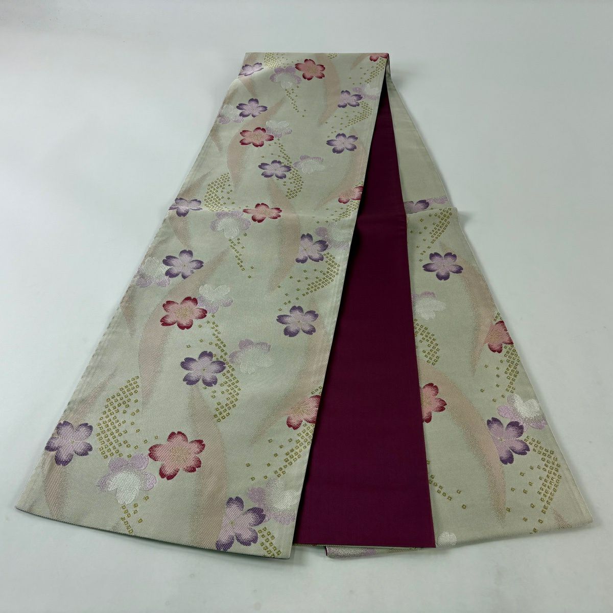 【美品】 袋帶 秀品級 櫻花 幾何學 金絲 米色 六通 純蠶絲