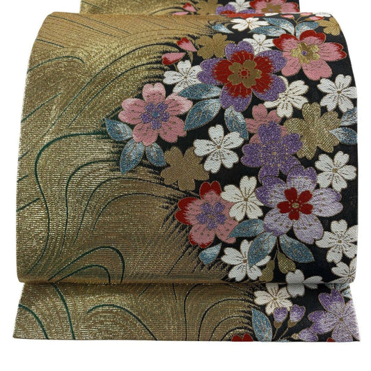 【美品】 袋帶 優品級 振袖禮服禮服用 櫻花 幾何學 金絲 金金箔 金色 六通 純蠶絲