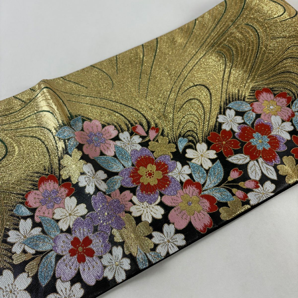 【美品】 袋帶 優品級 振袖禮服禮服用 櫻花 幾何學 金絲 金金箔 金色 六通 純蠶絲