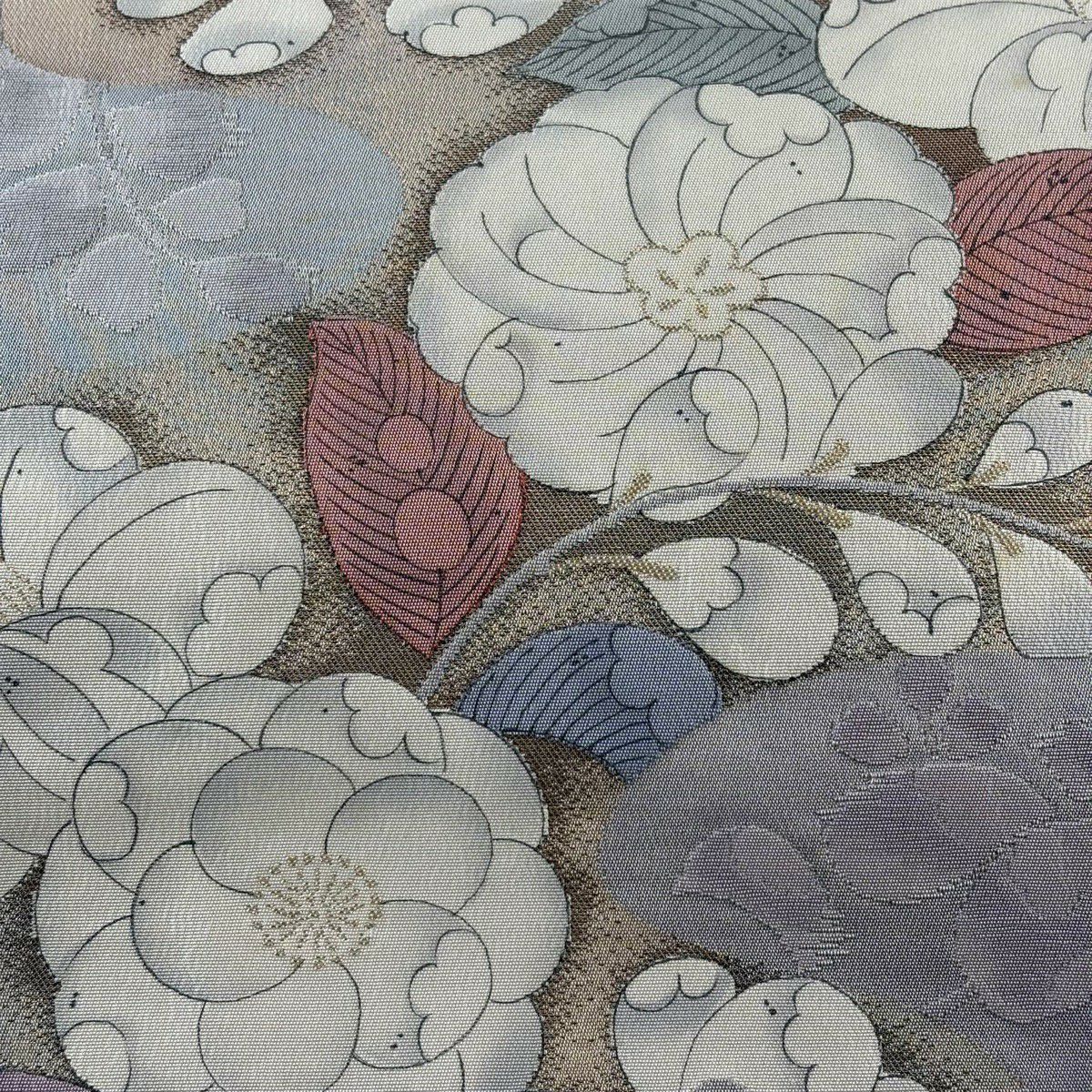 袋帶 秀品級 枝花 霞 金絲 米色 大鼓圖案 純蠶絲
