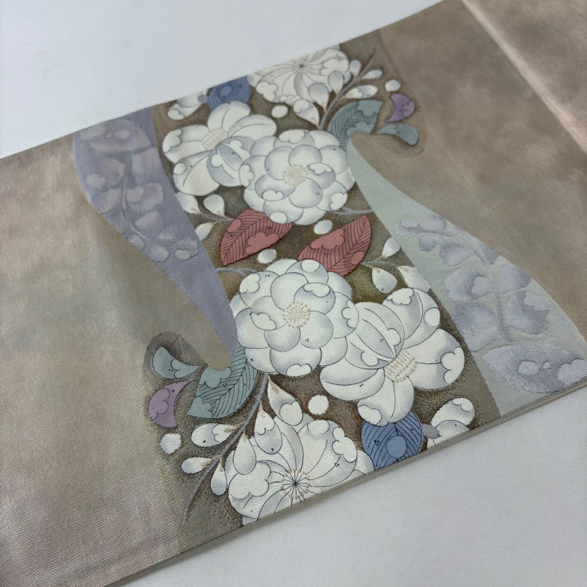袋帶 秀品級 枝花 霞 金絲 米色 大鼓圖案 純蠶絲