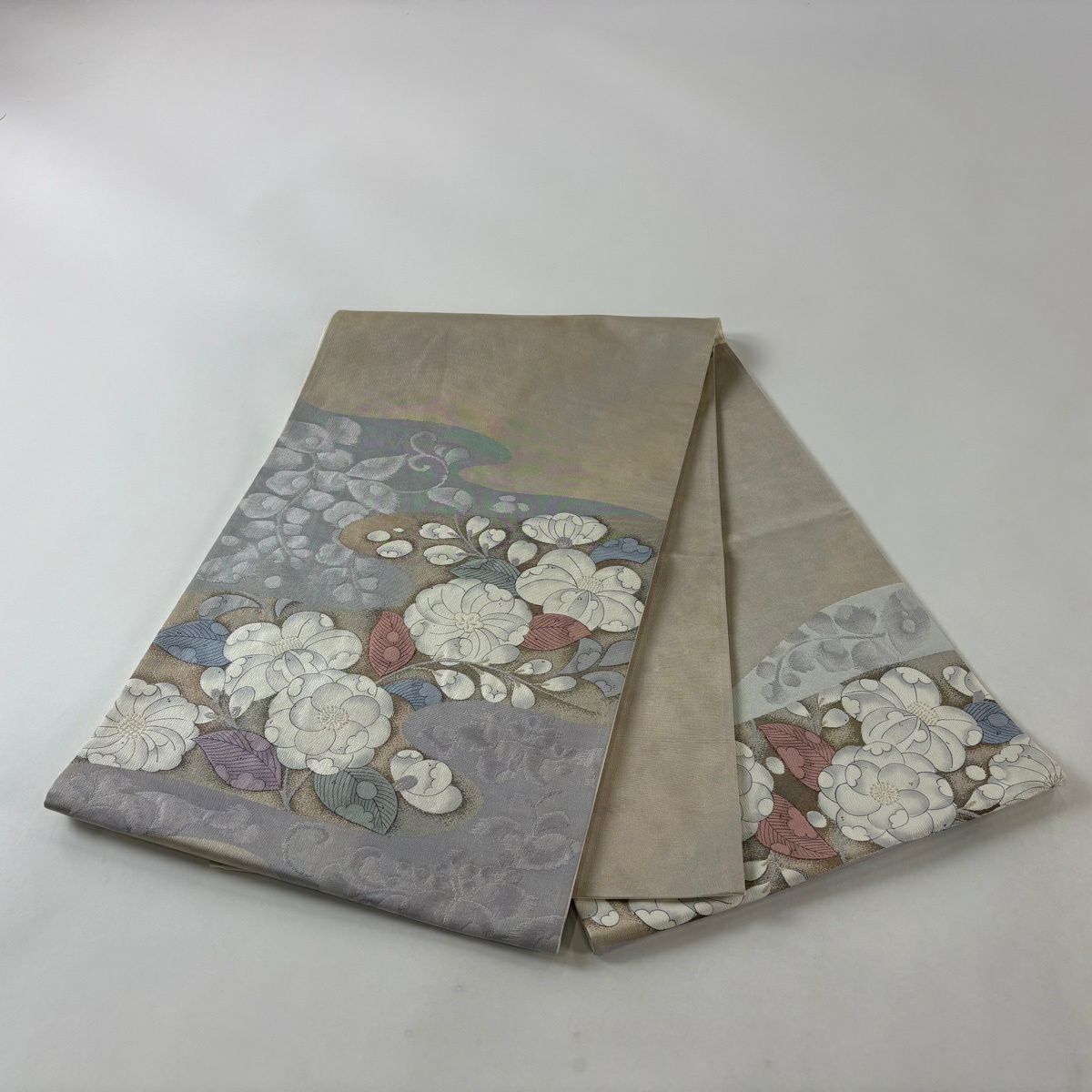 袋帶 秀品級 枝花 霞 金絲 米色 大鼓圖案 純蠶絲