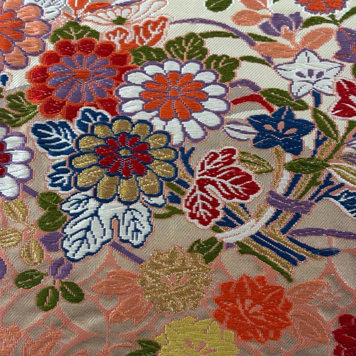 袋帶 秀品級 關西仕立 雲扇子 草花紋紋 金銀彩 金金箔 奶油色 六通 純蠶絲