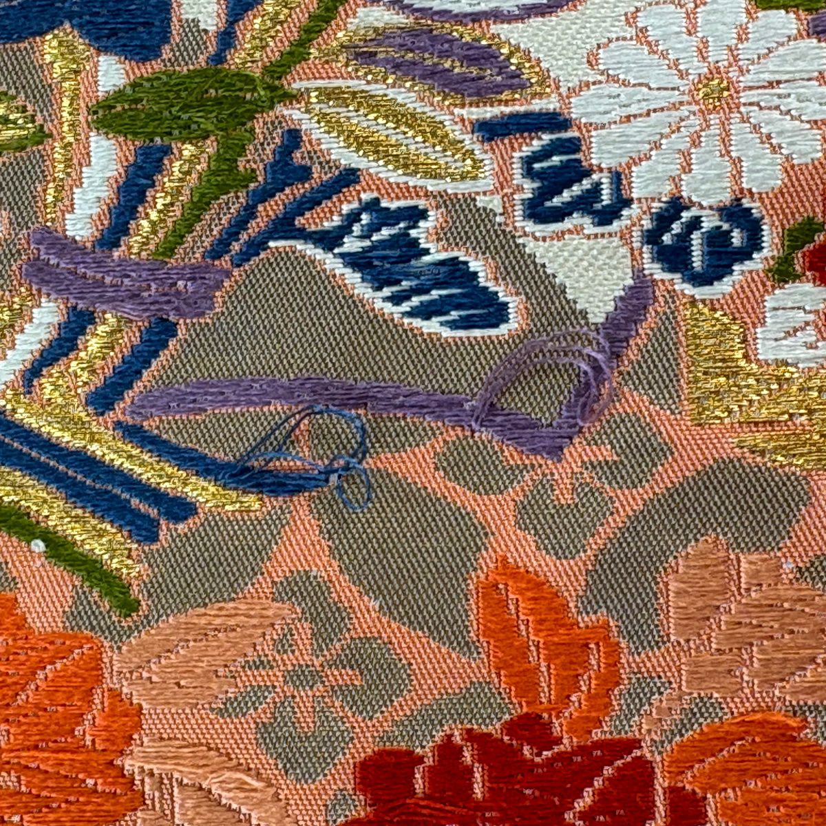 袋帶 秀品級 關西仕立 雲扇子 草花紋紋 金銀彩 金金箔 奶油色 六通 純蠶絲