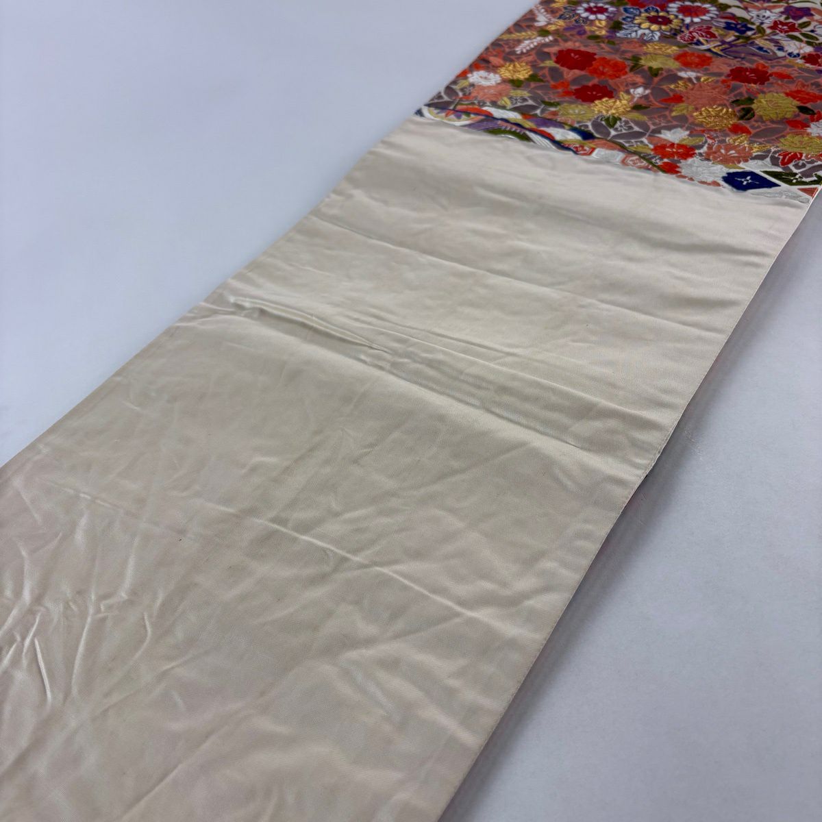 袋帶 秀品級 關西仕立 雲扇子 草花紋紋 金銀彩 金金箔 奶油色 六通 純蠶絲