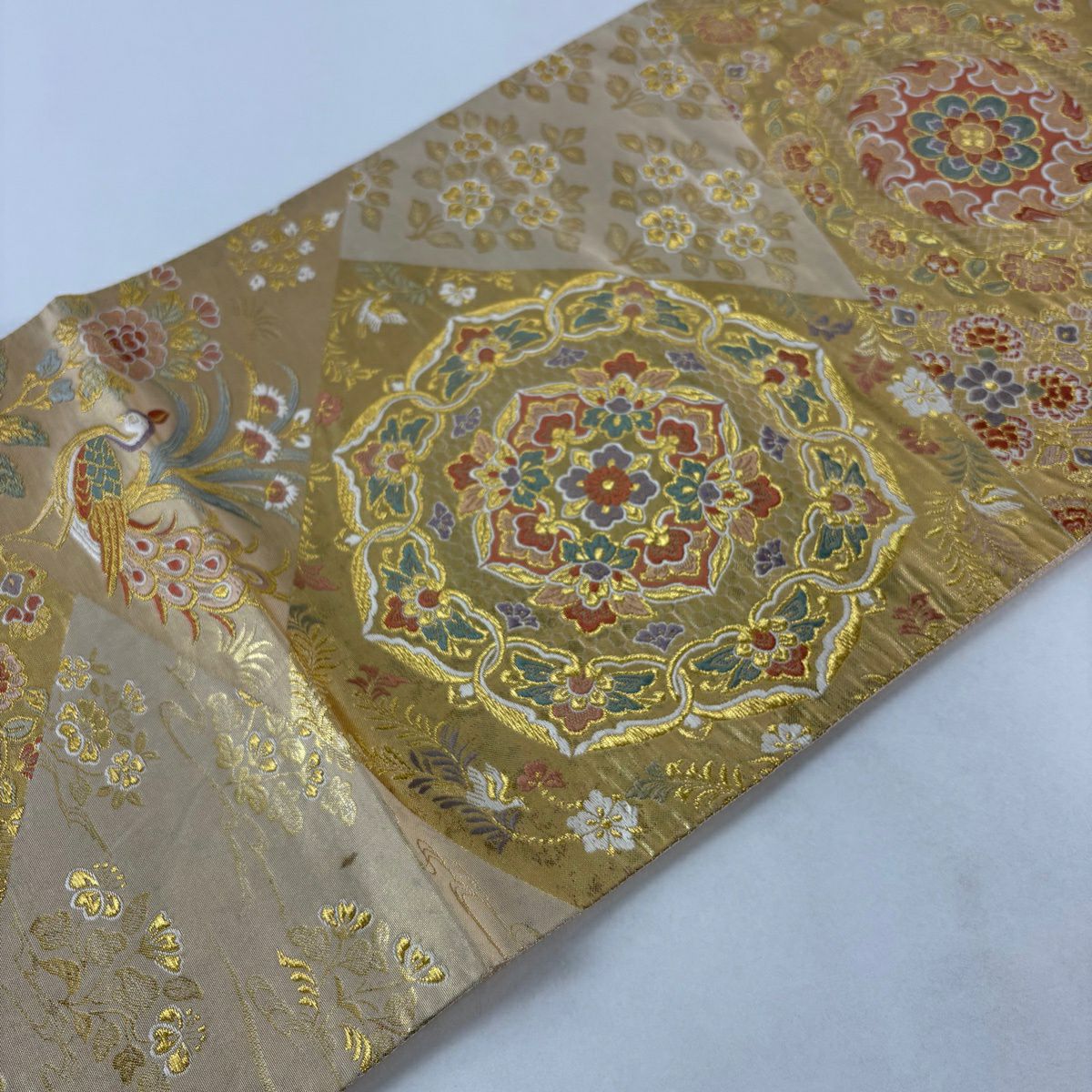 袋帶 秀品級 關西仕立 雜花紋 孔雀 金絲 金金箔 金色 六通 純蠶絲