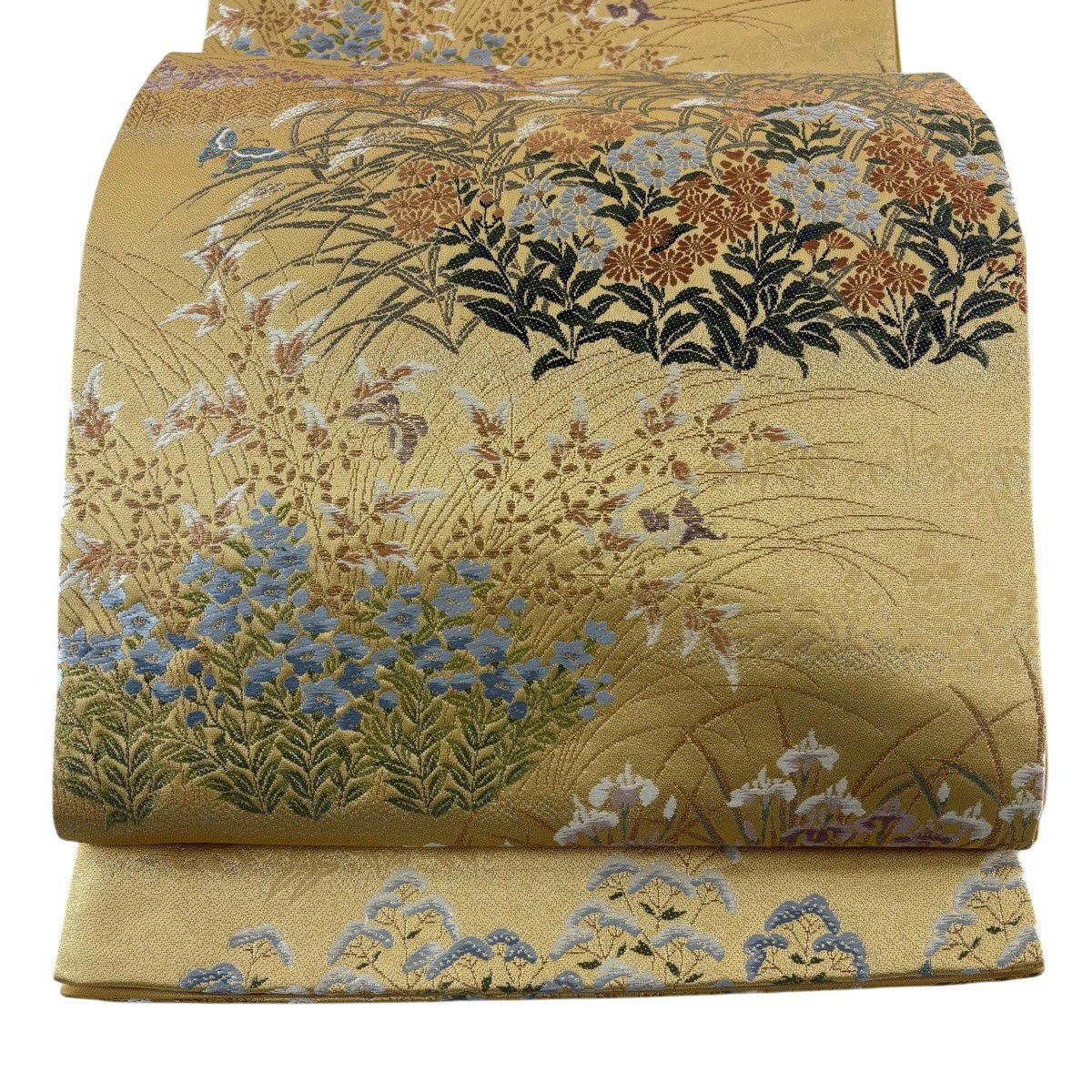 【美品】 袋帶 秀品級 秋草 蝶 金銀彩 金金箔 黃土 深藍色 六通 純蠶絲