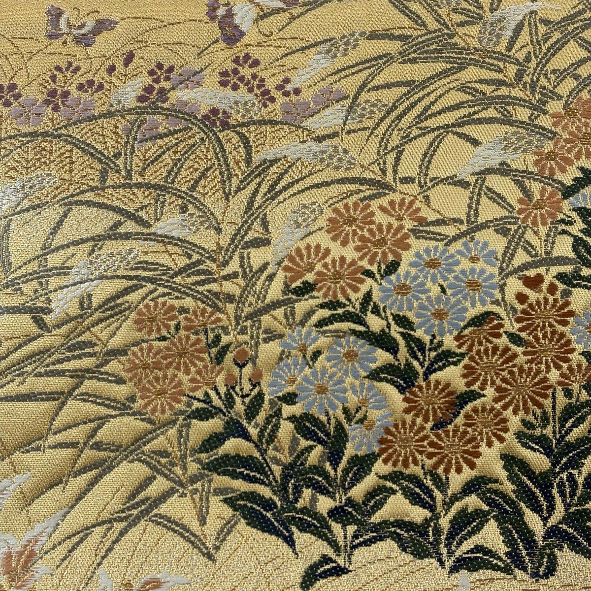 【美品】 袋帶 秀品級 秋草 蝶 金銀彩 金金箔 黃土 深藍色 六通 純蠶絲