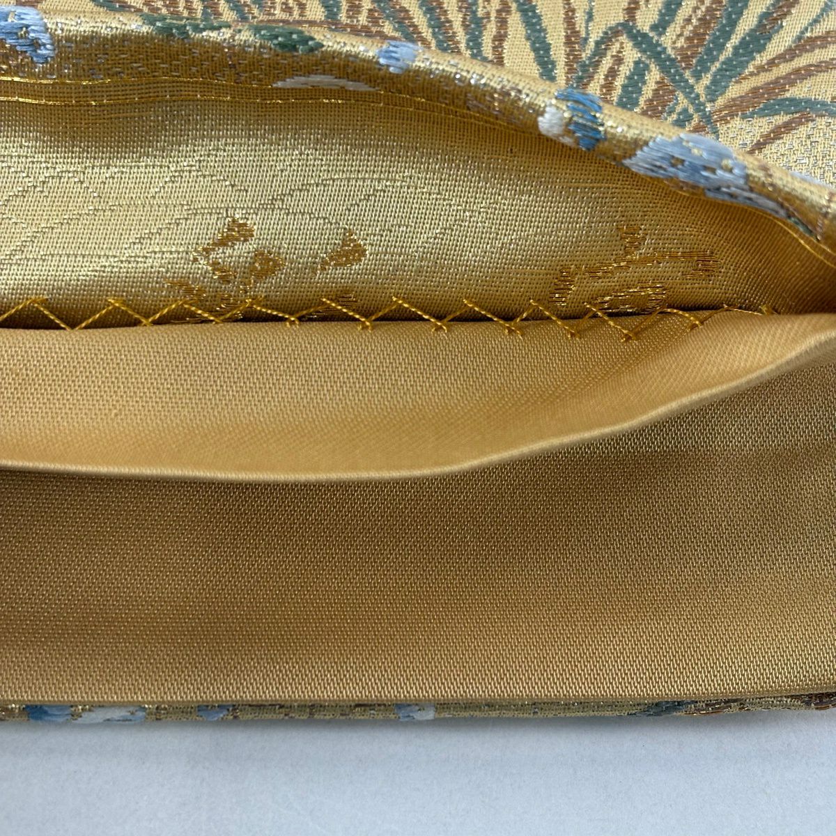 【美品】 袋帶 秀品級 秋草 蝶 金銀彩 金金箔 黃土 深藍色 六通 純蠶絲
