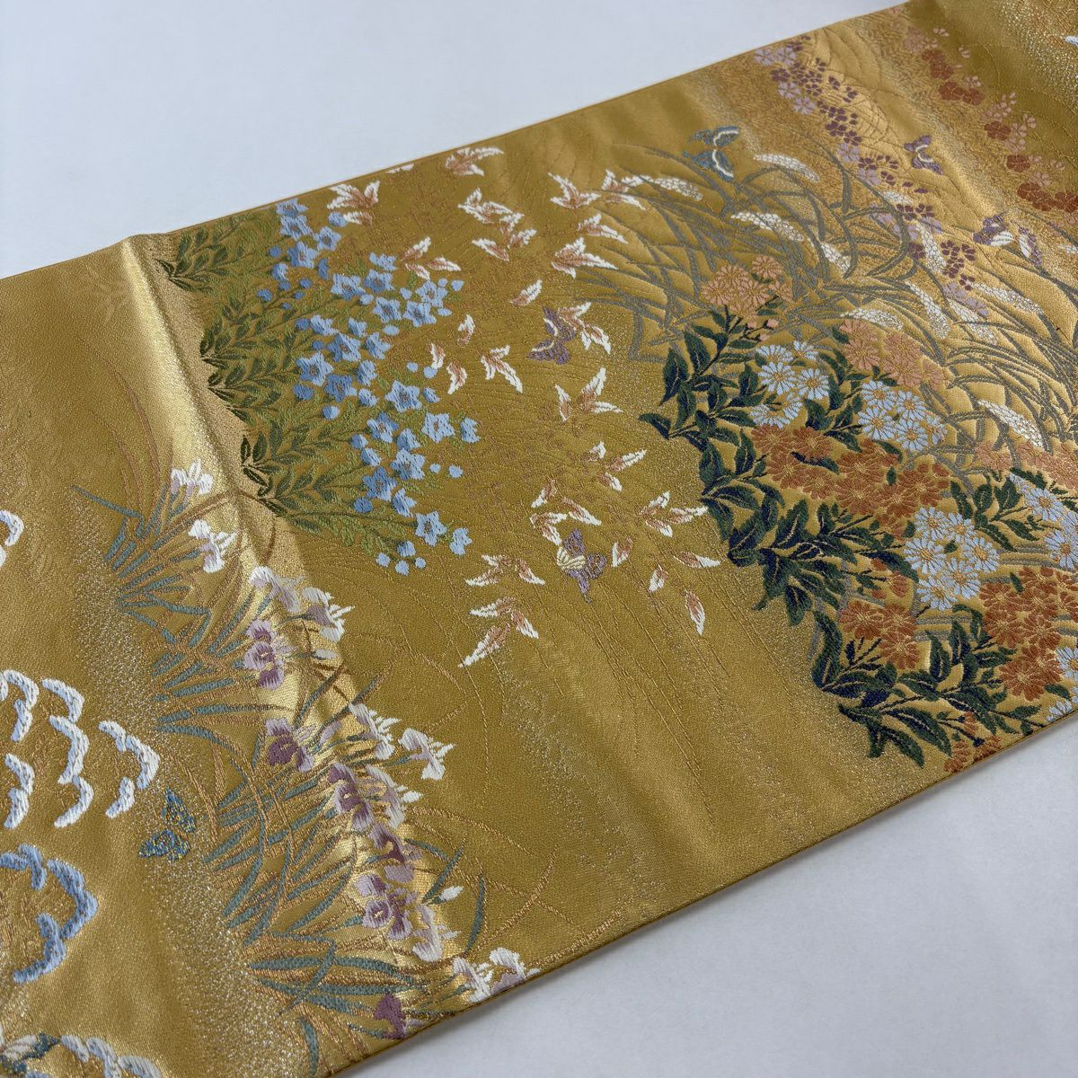 【美品】 袋帶 秀品級 秋草 蝶 金銀彩 金金箔 黃土 深藍色 六通 純蠶絲