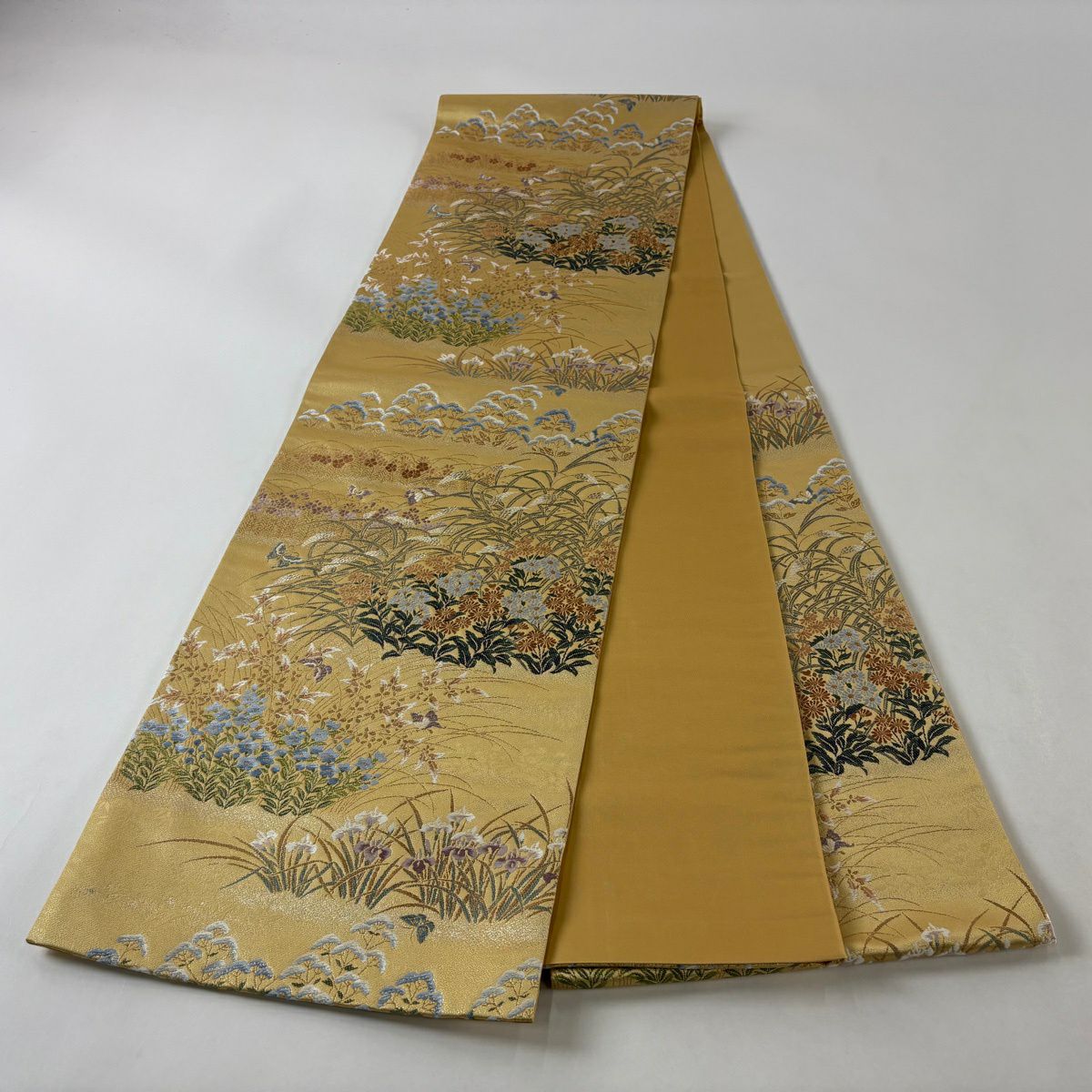 【美品】 袋帶 秀品級 秋草 蝶 金銀彩 金金箔 黃土 深藍色 六通 純蠶絲