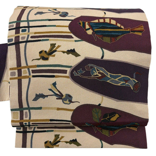 【美品】 名古屋帶 秀品級 生物 魚 金彩裝飾 縮緬 米色 純蠶絲