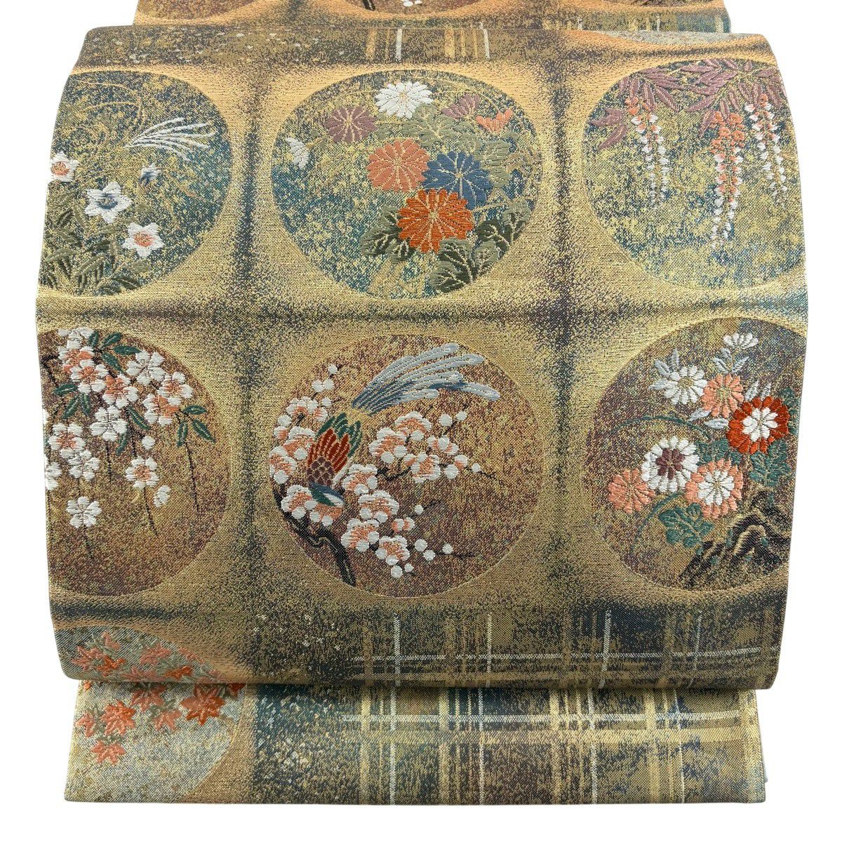【美品】 袋帶 秀品級 圓文 花鳥 金金箔 唐織 金色 六通 純蠶絲
