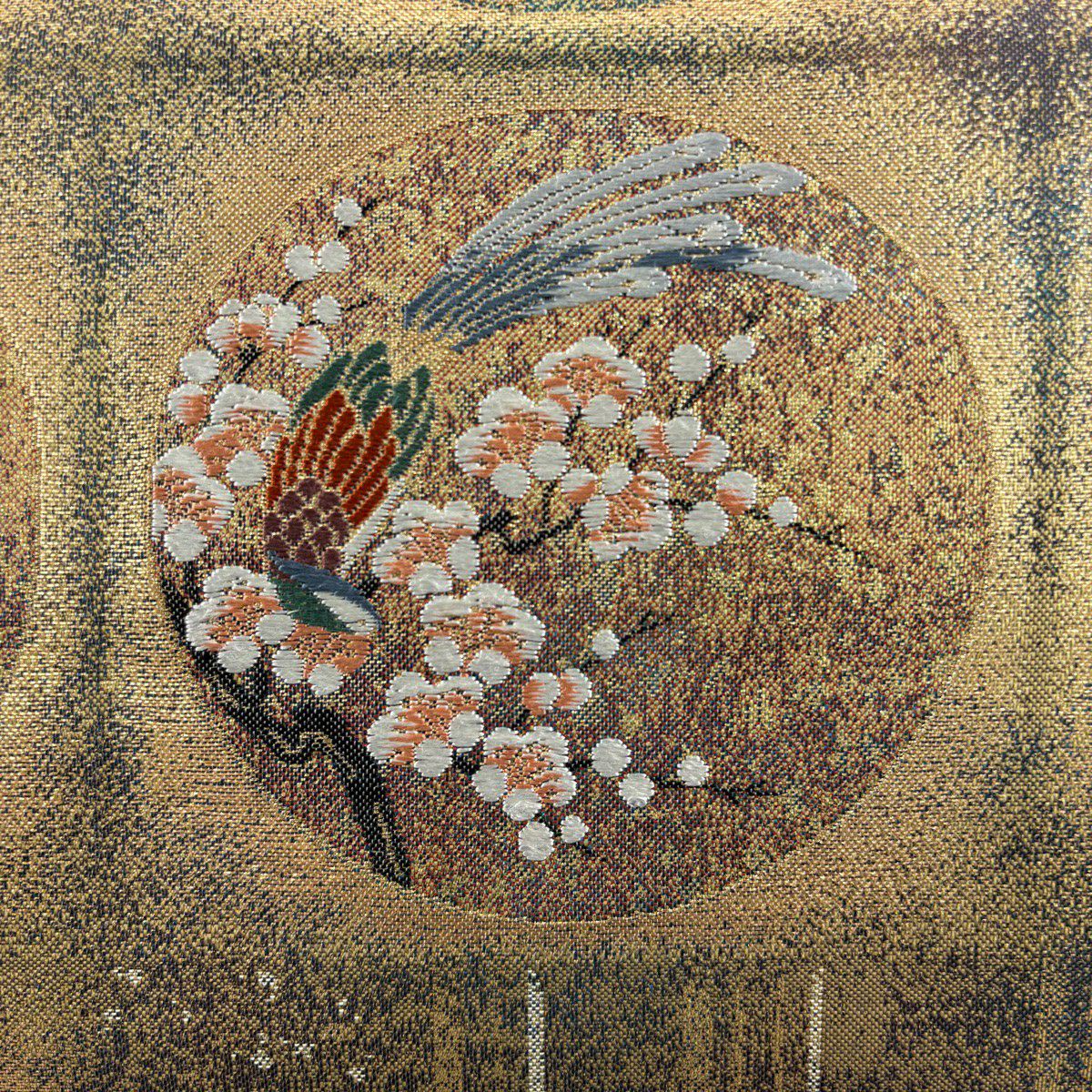 【美品】 袋帶 秀品級 圓文 花鳥 金金箔 唐織 金色 六通 純蠶絲