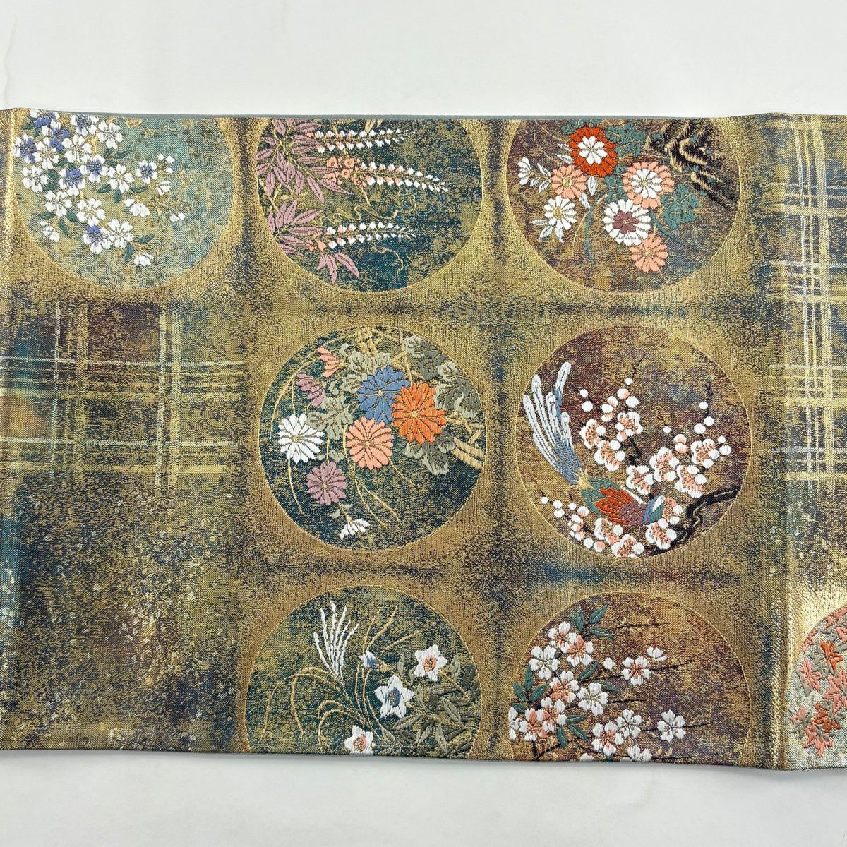 【美品】 袋帶 秀品級 圓文 花鳥 金金箔 唐織 金色 六通 純蠶絲