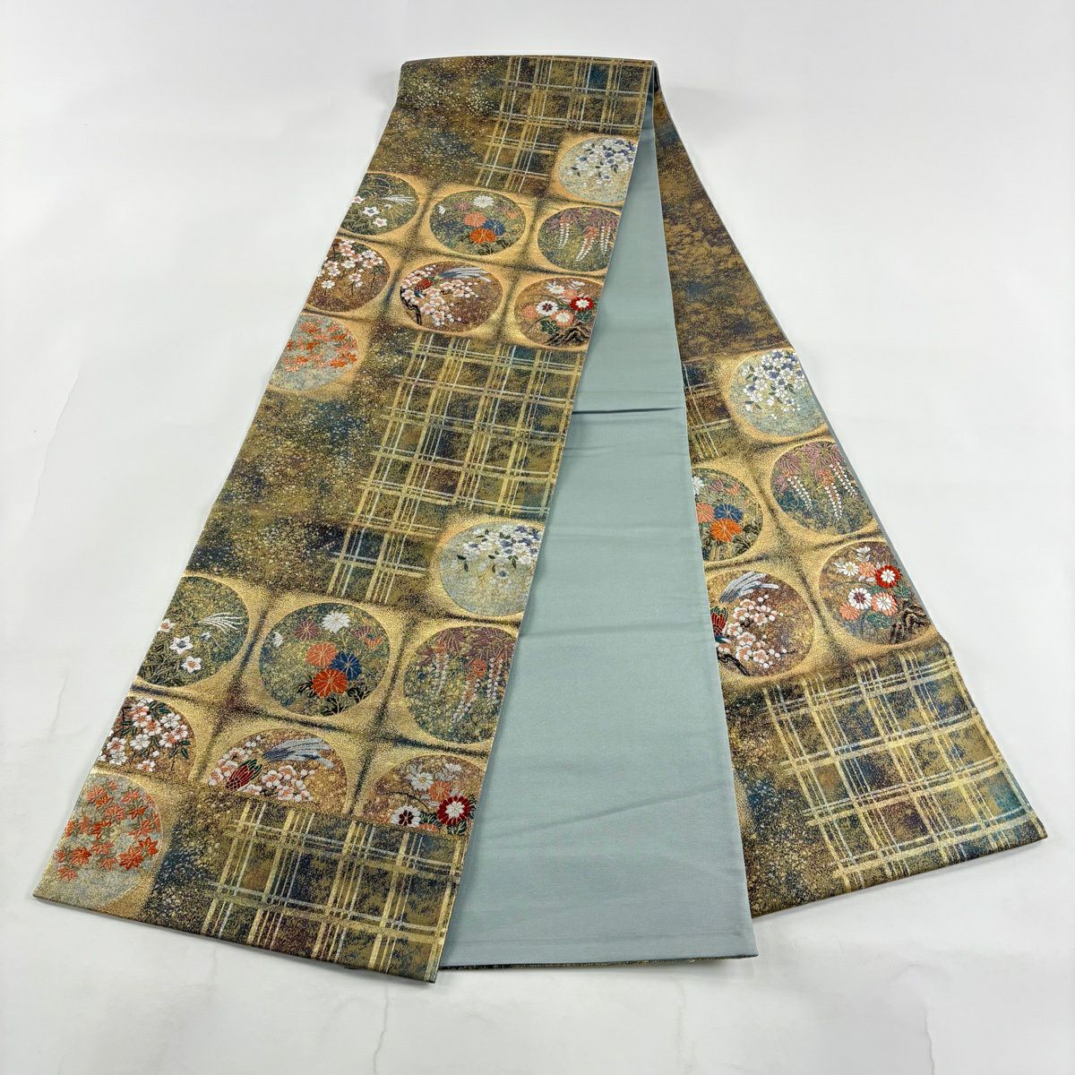 【美品】 袋帶 秀品級 圓文 花鳥 金金箔 唐織 金色 六通 純蠶絲