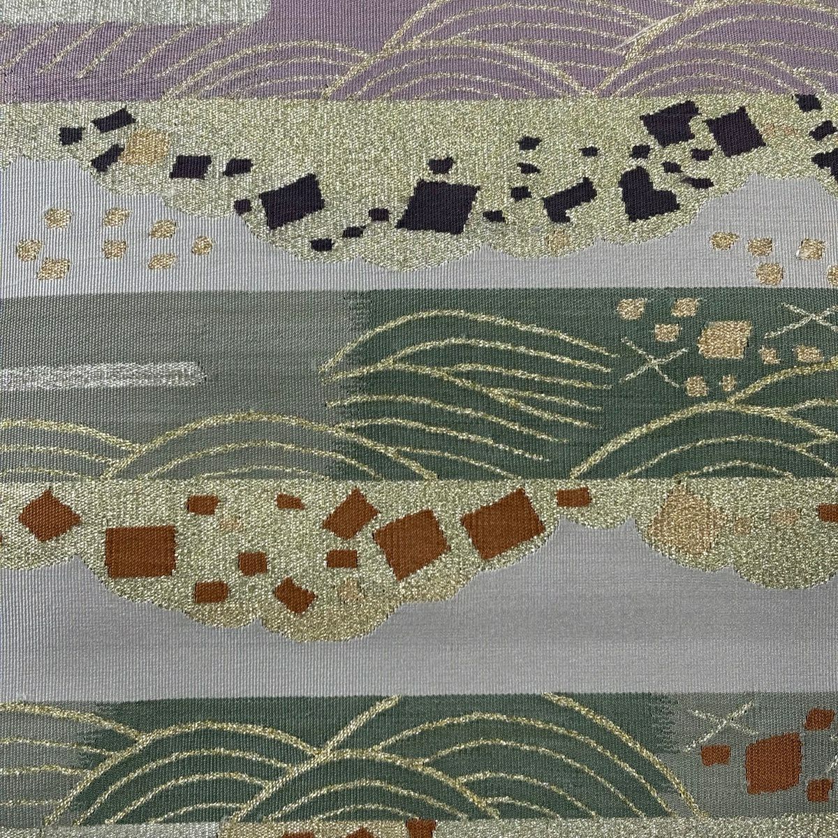 【美品】 袋帶 秀品級 雲霞 金金箔散佈 金銀絲 淺紫色 大鼓圖案 純蠶絲