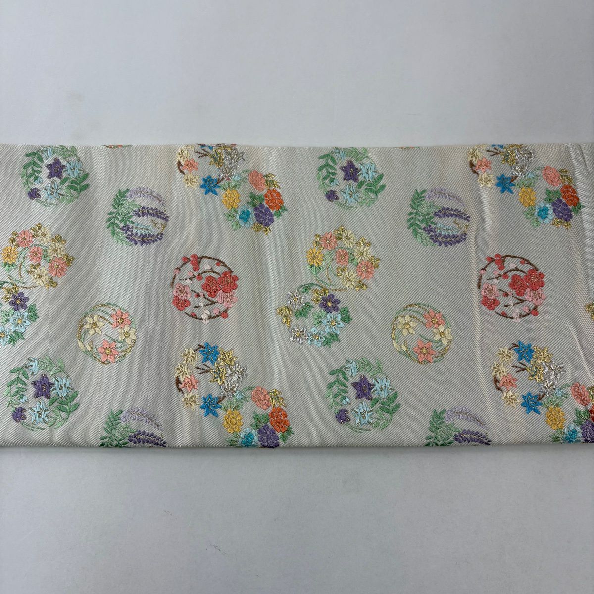 名古屋帶 秀品級 關西仕立 花丸紋 金銀彩 刺繡 奶油色 純蠶絲