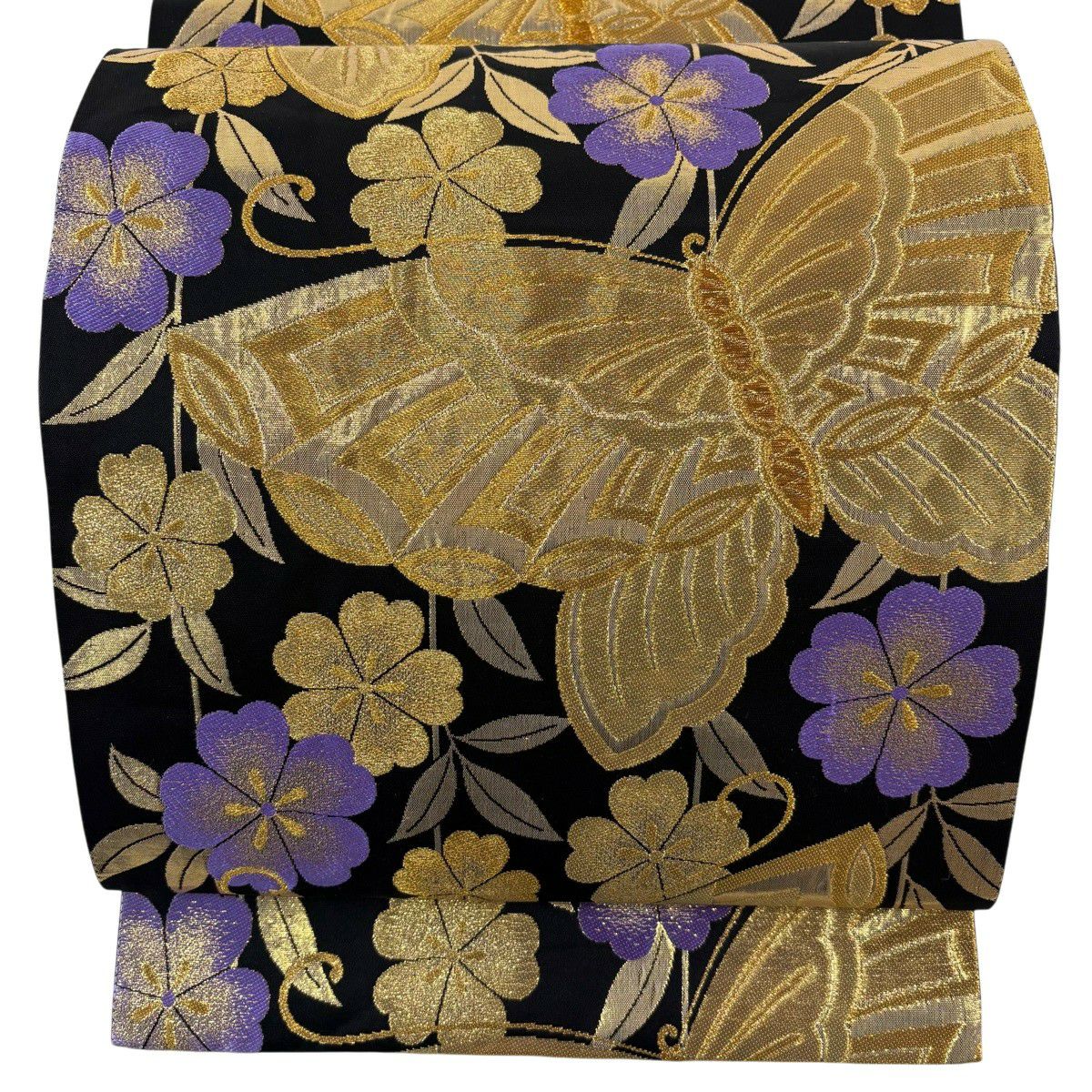 袋帶 秀品級 振袖禮服禮服用 蝴蝶 垂枝櫻 金絲 金金箔 黑 六通 純蠶絲