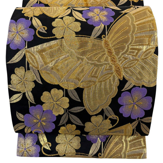 袋帶 秀品級 振袖禮服禮服用 蝴蝶 垂枝櫻 金絲 金金箔 黑 六通 純蠶絲