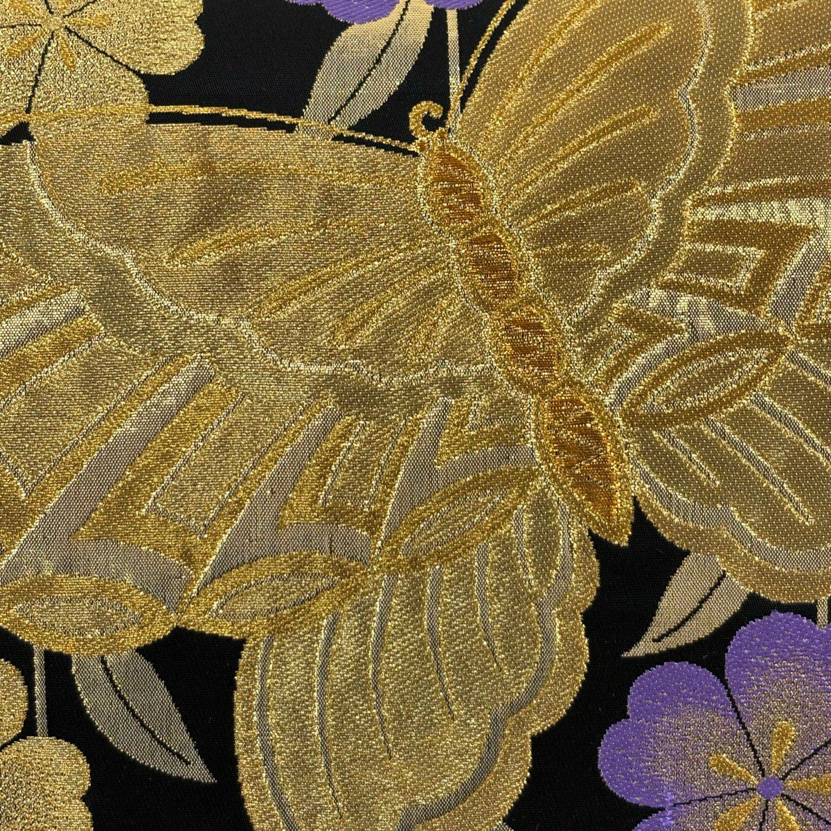 袋帶 秀品級 振袖禮服禮服用 蝴蝶 垂枝櫻 金絲 金金箔 黑 六通 純蠶絲
