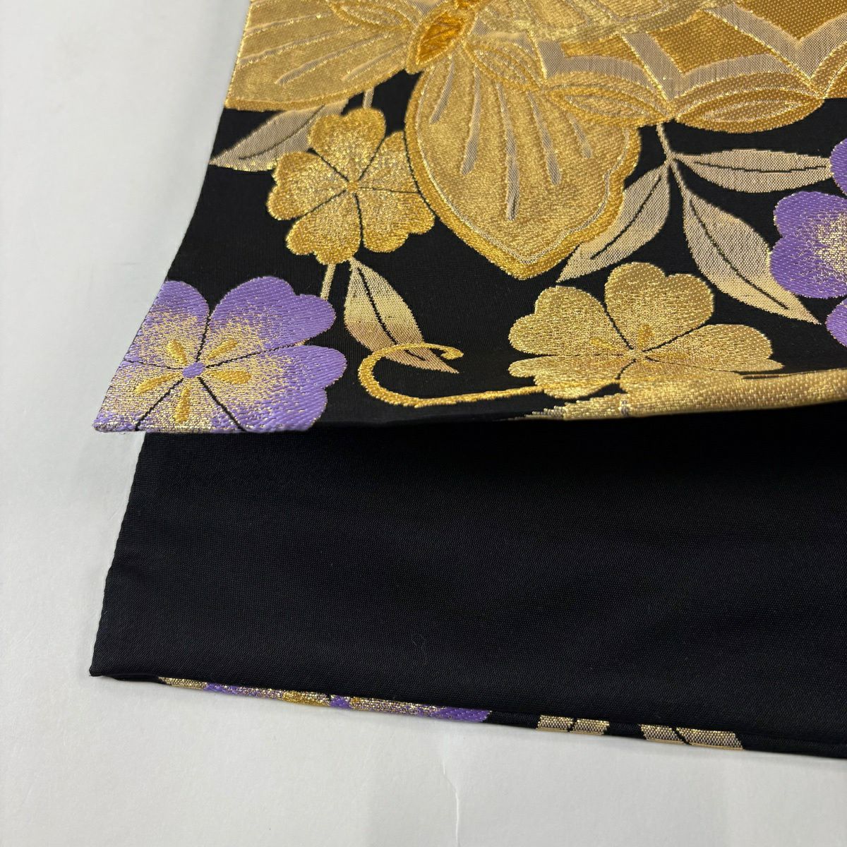 袋帶 秀品級 振袖禮服禮服用 蝴蝶 垂枝櫻 金絲 金金箔 黑 六通 純蠶絲