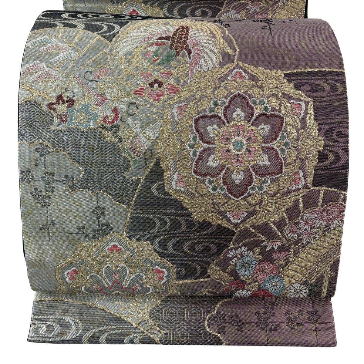 【美品】 袋帶 秀品級 華紋 鳳凰 金金箔 淺紫 六通 純蠶絲