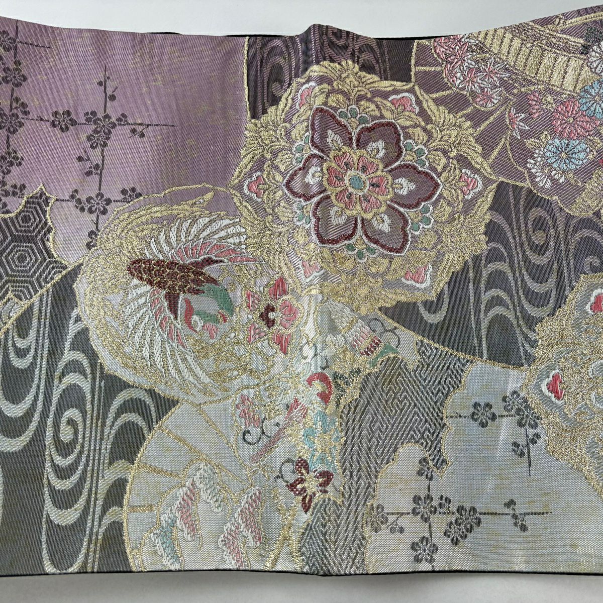 【美品】 袋帶 秀品級 華紋 鳳凰 金金箔 淺紫 六通 純蠶絲