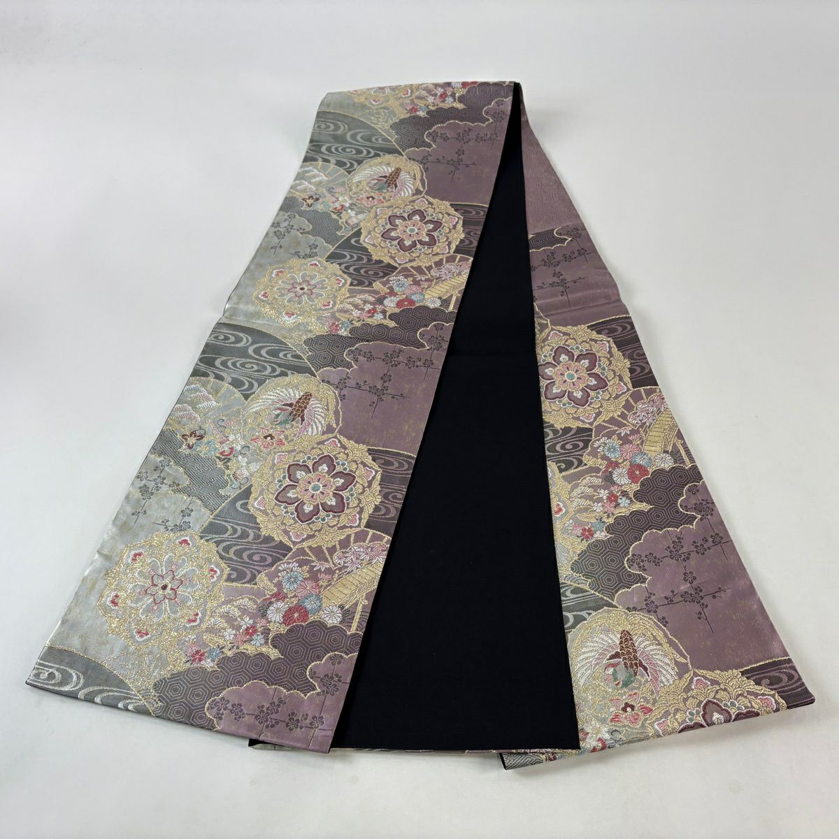 【美品】 袋帶 秀品級 華紋 鳳凰 金金箔 淺紫 六通 純蠶絲