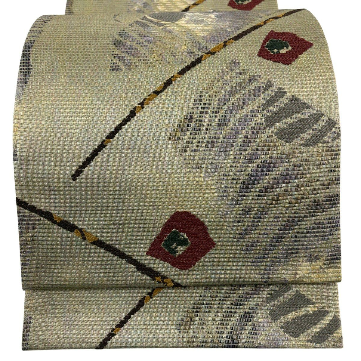 【美品】 袋帶 秀品級 證書齊全 幾何學 金絲 灰綠 六通 純蠶絲