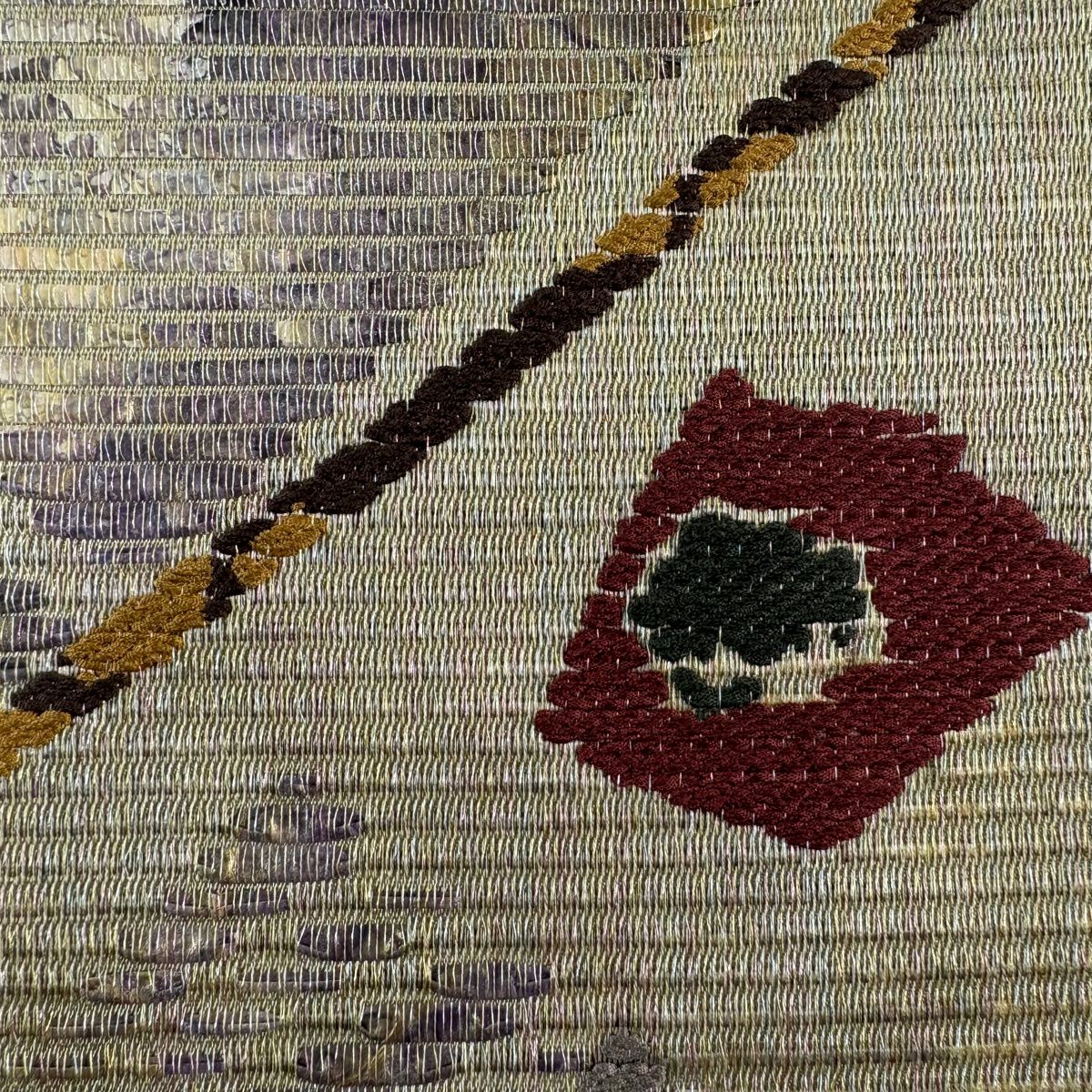 【美品】 袋帶 秀品級 證書齊全 幾何學 金絲 灰綠 六通 純蠶絲