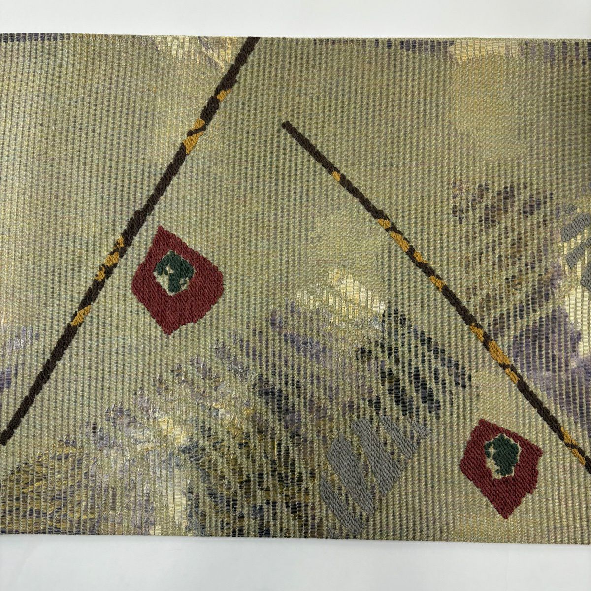 【美品】 袋帶 秀品級 證書齊全 幾何學 金絲 灰綠 六通 純蠶絲