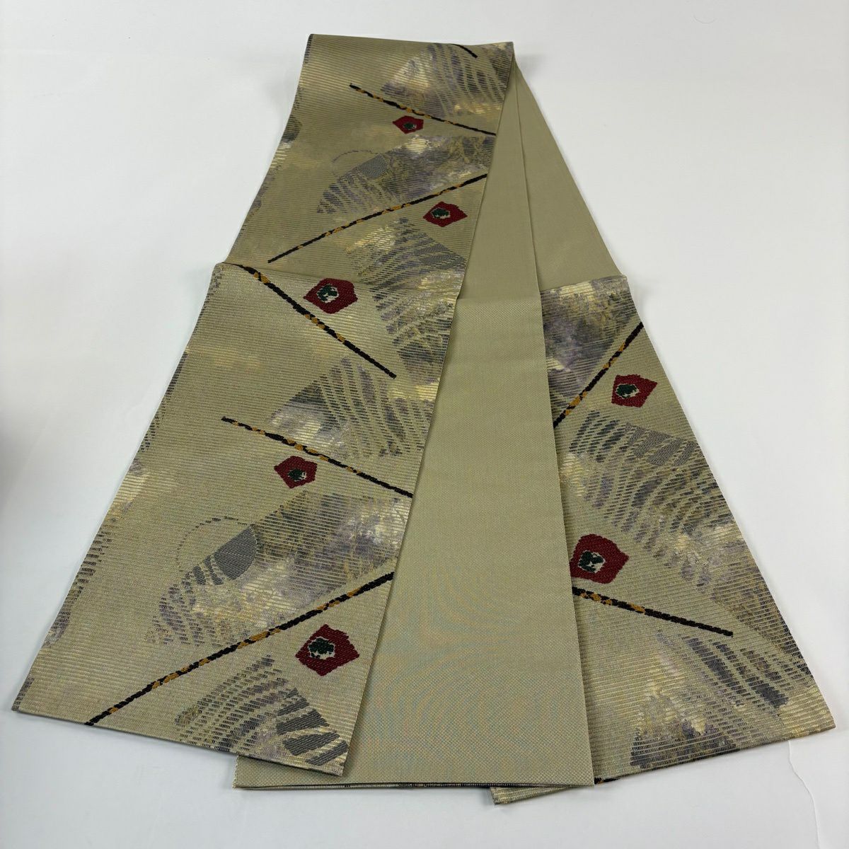 【美品】 袋帶 秀品級 證書齊全 幾何學 金絲 灰綠 六通 純蠶絲