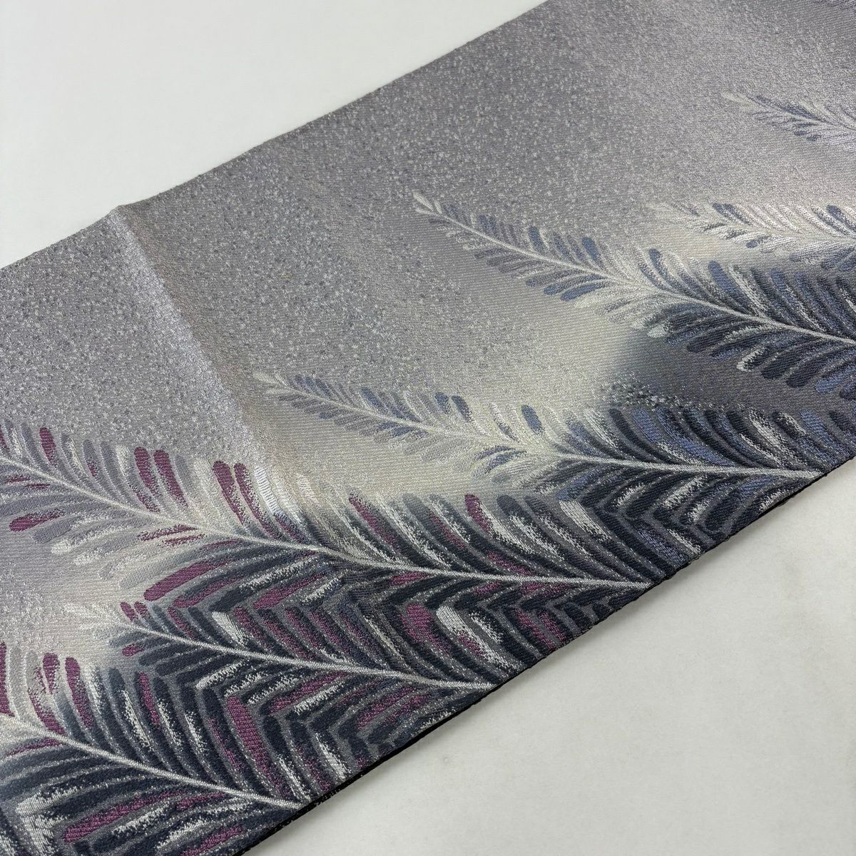 【美品】 袋帶 秀品級 葉柄 銀線 淺紫 全通 純蠶絲