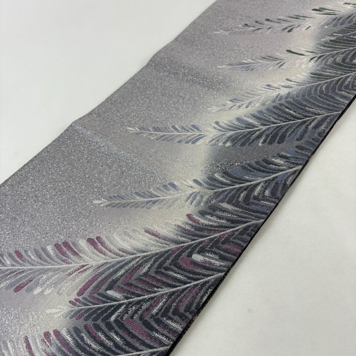 【美品】 袋帶 秀品級 葉柄 銀線 淺紫 全通 純蠶絲