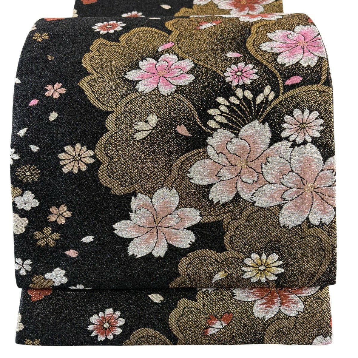 【美品】 袋帶 秀品級 櫻花花瓣 金金箔 黑 六通 純蠶絲