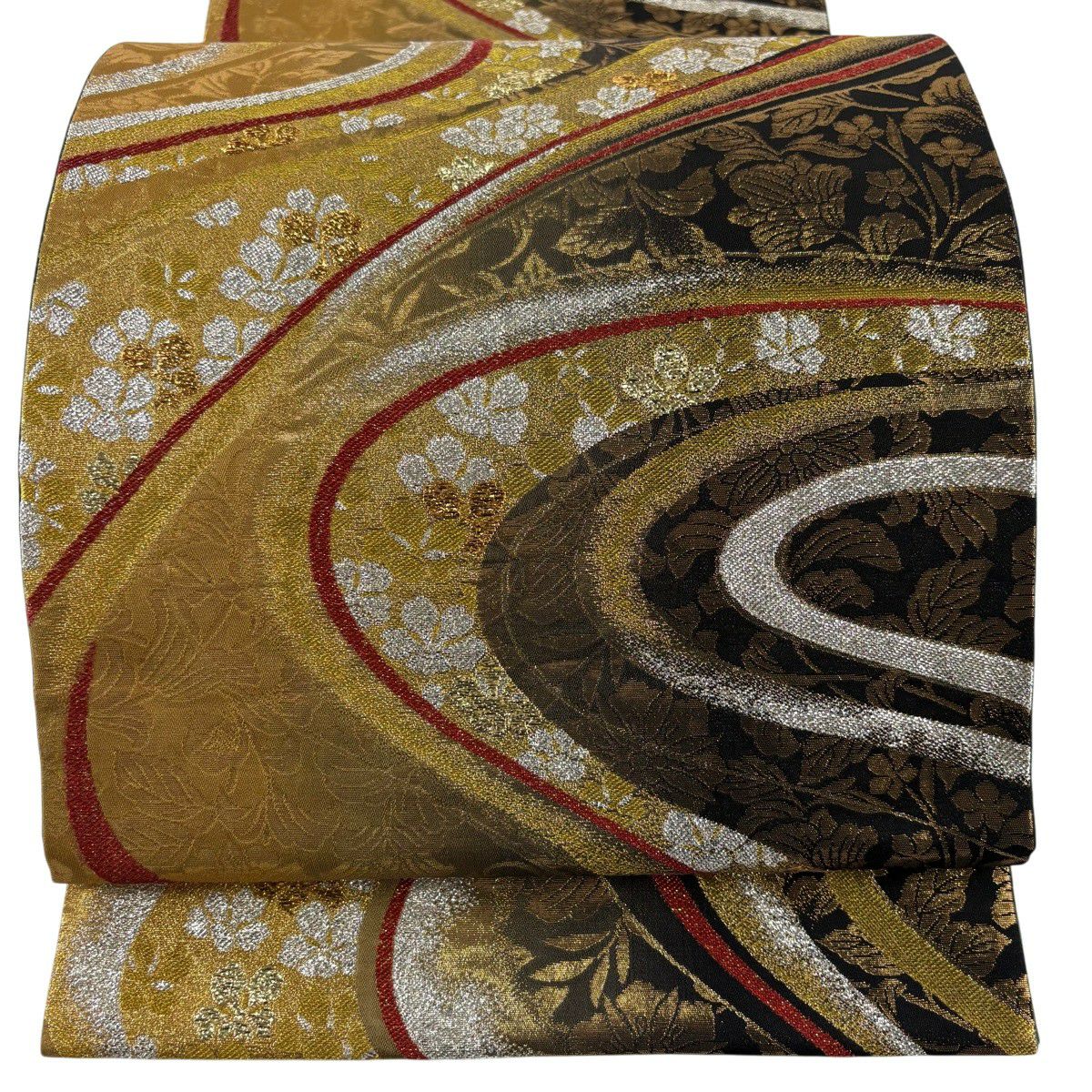 【美品】 袋帶 秀品級 草花紋紋 流水 金絲 金金箔 金色 六通 純蠶絲