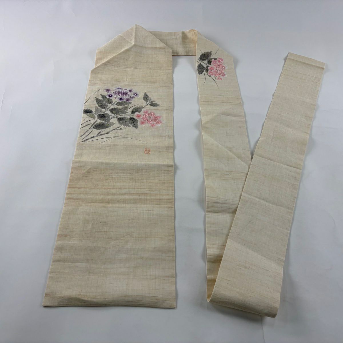 名古屋帶 秀品級 附落款 夏帶 紫陽花 米色 麻